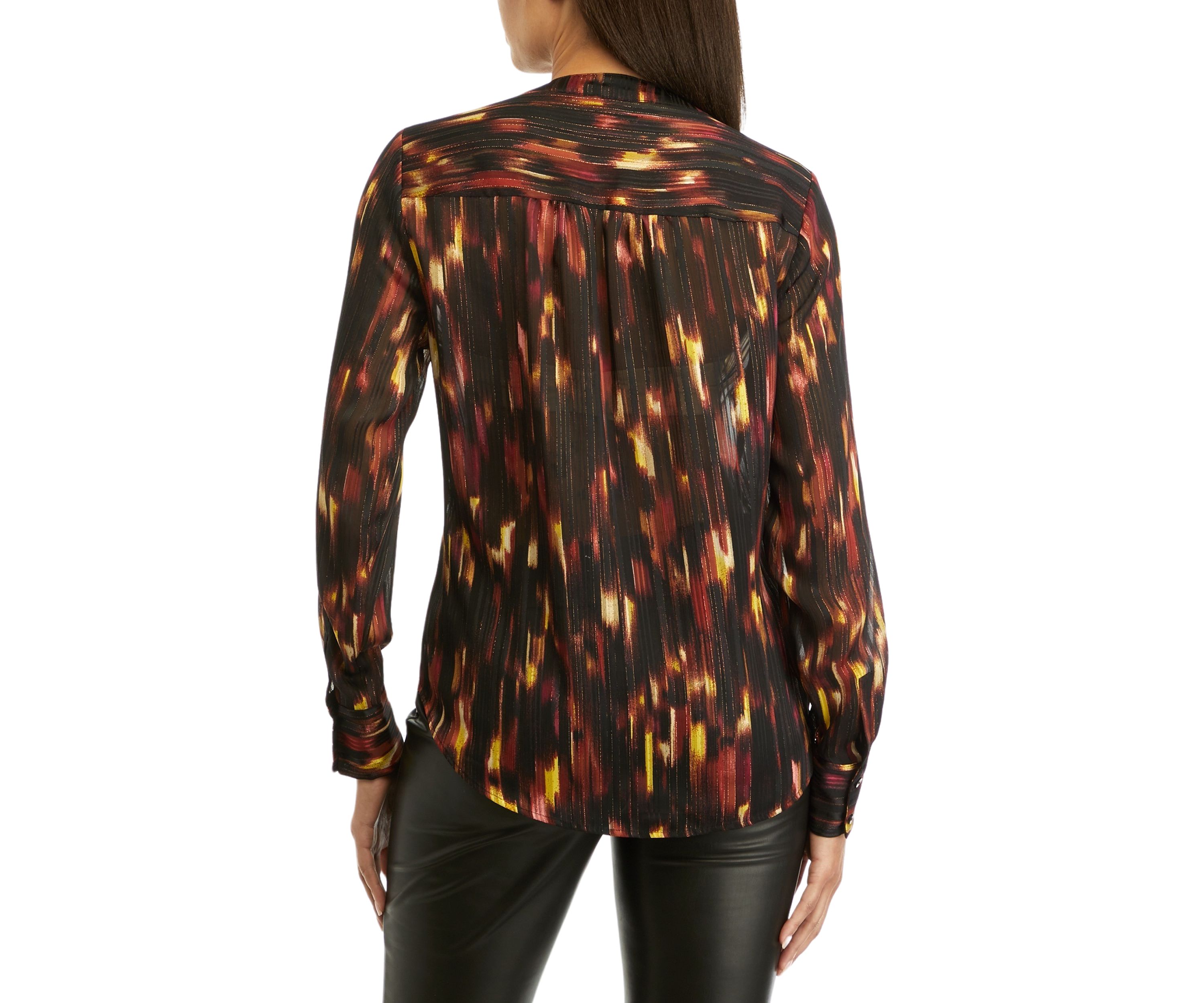 Womens Long Sleeve Collarless V-Neck Printed Blouse