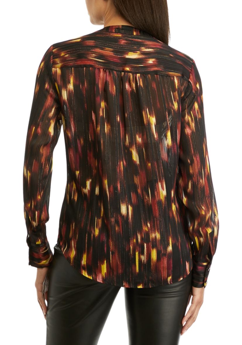 Womens Long Sleeve Collarless V-Neck Printed Blouse