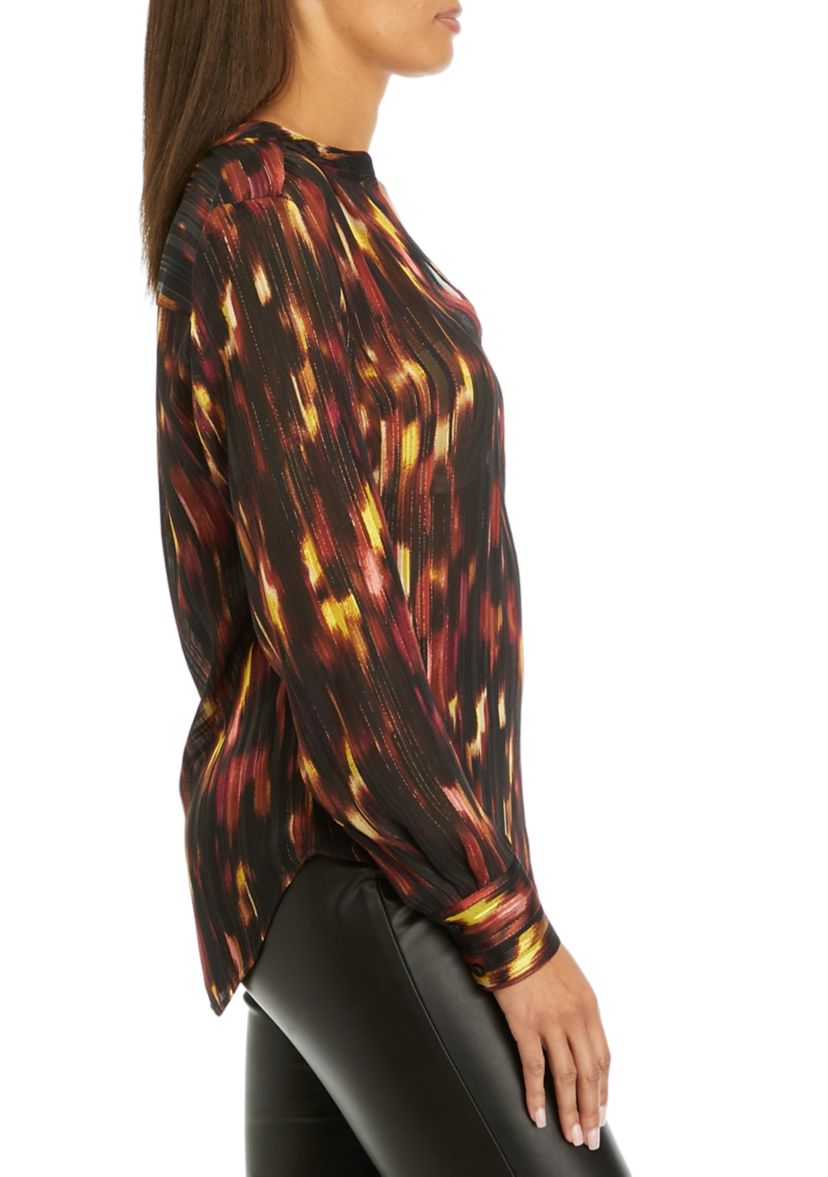 Womens Long Sleeve Collarless V-Neck Printed Blouse