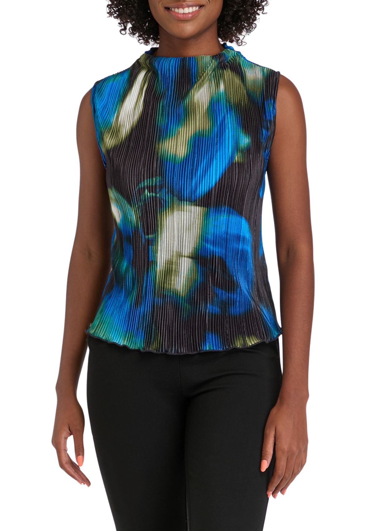 Womens Pleated Funnel Neck Sleeveless Top