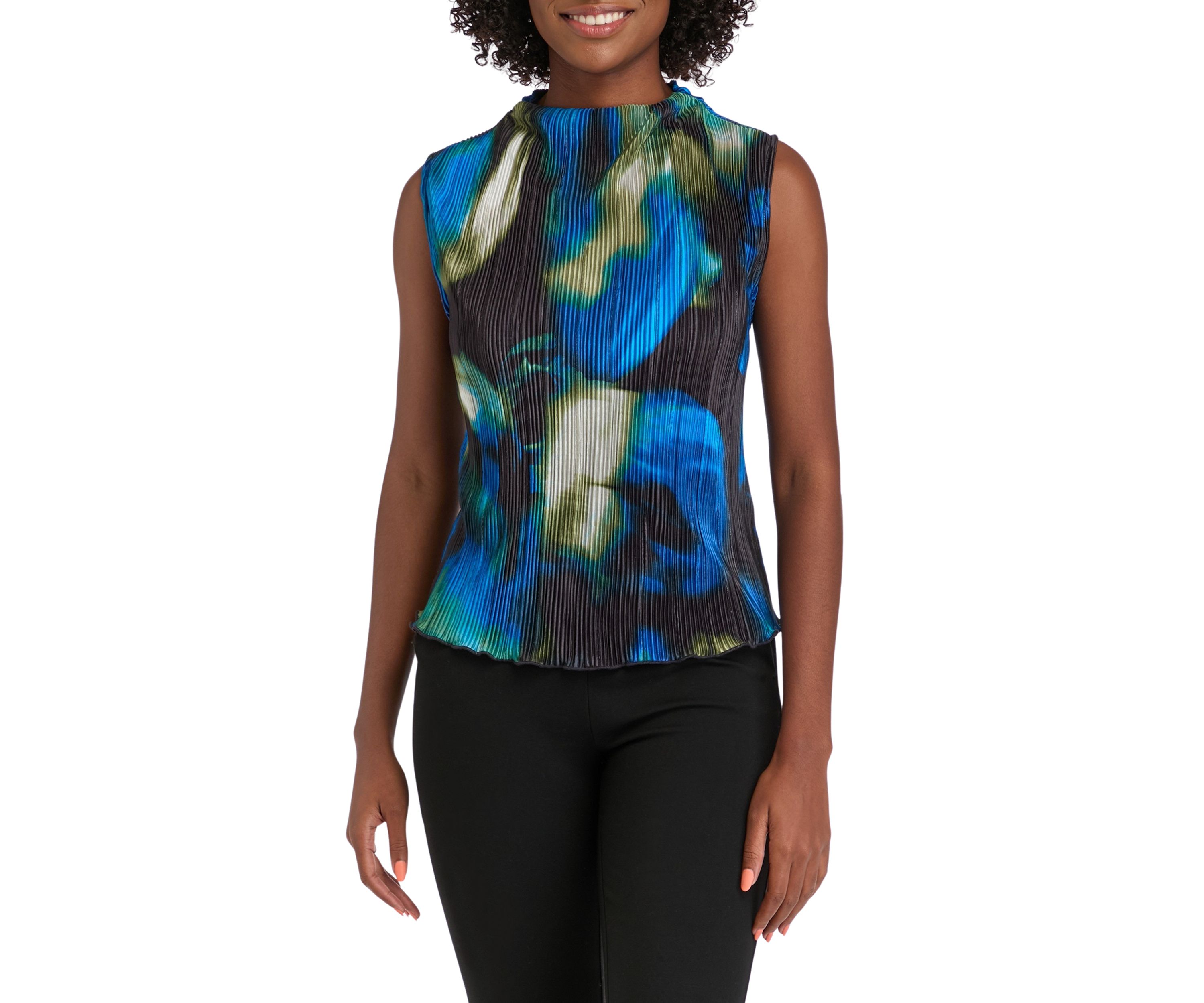 Womens Pleated Funnel Neck Sleeveless Top