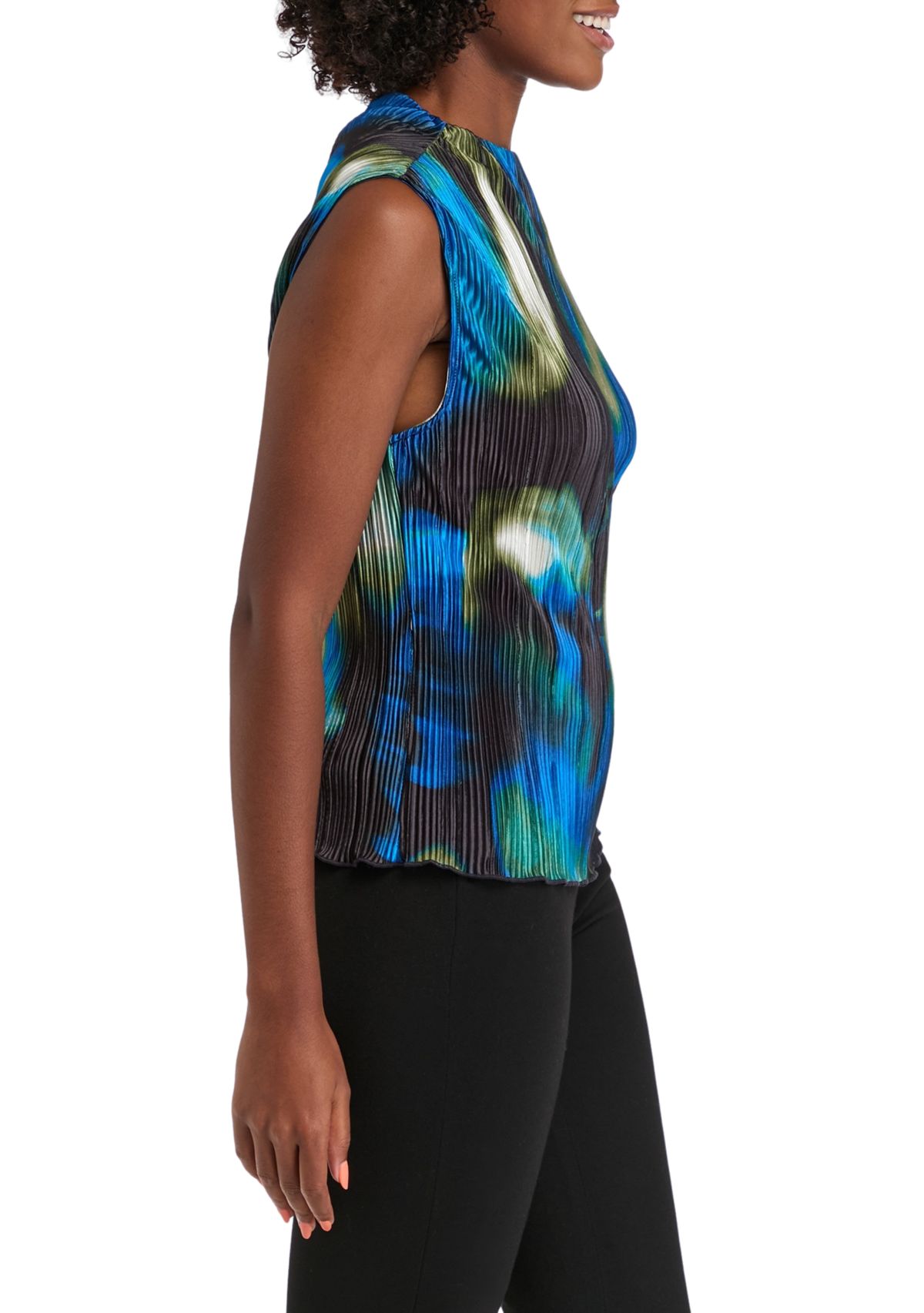 Womens Pleated Funnel Neck Sleeveless Top