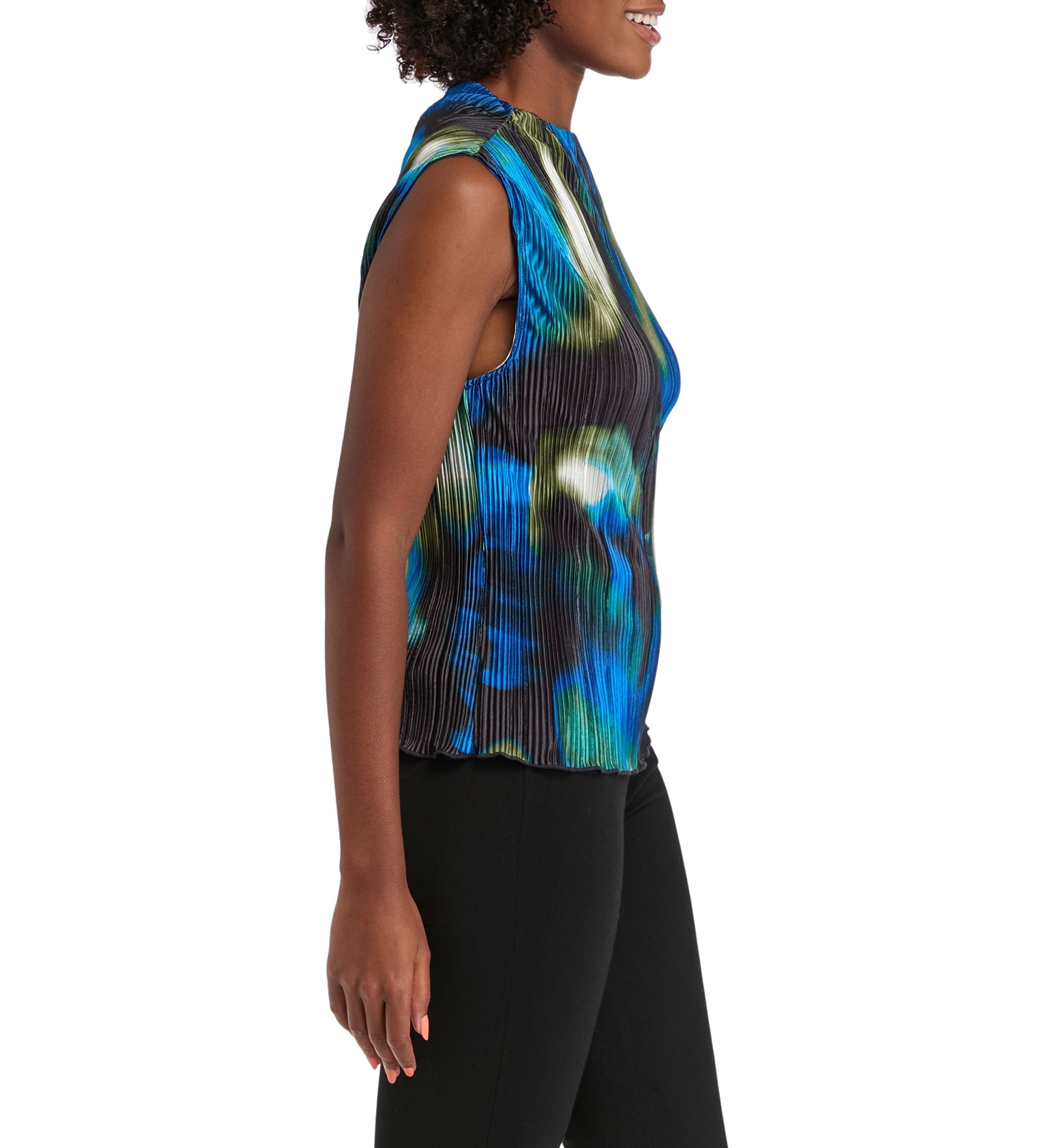 Womens Pleated Funnel Neck Sleeveless Top