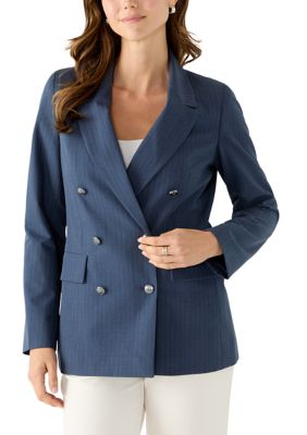 DKNY Women's Double Breasted Notch Collar Pinstripe Blazer, Blue, 6