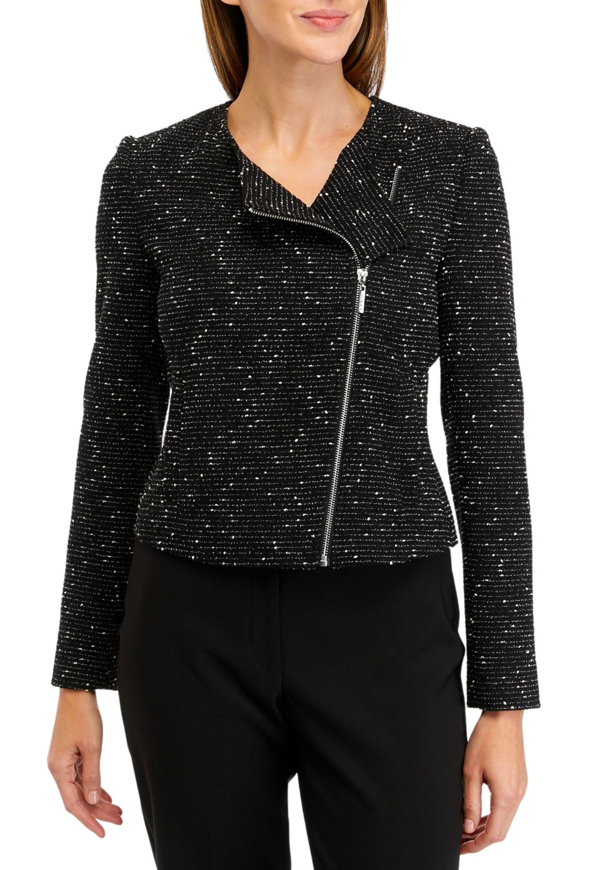 Womens Knit Tweed Zippered Jacket 