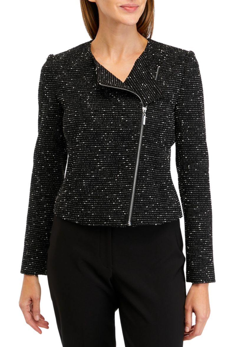 Womens Knit Tweed Zippered Jacket 
