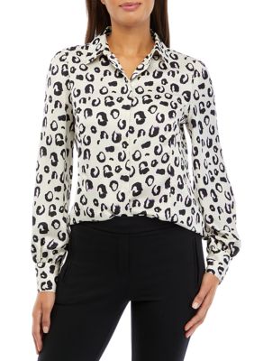 Women's Long Sleeve Button Front Printed Blouse