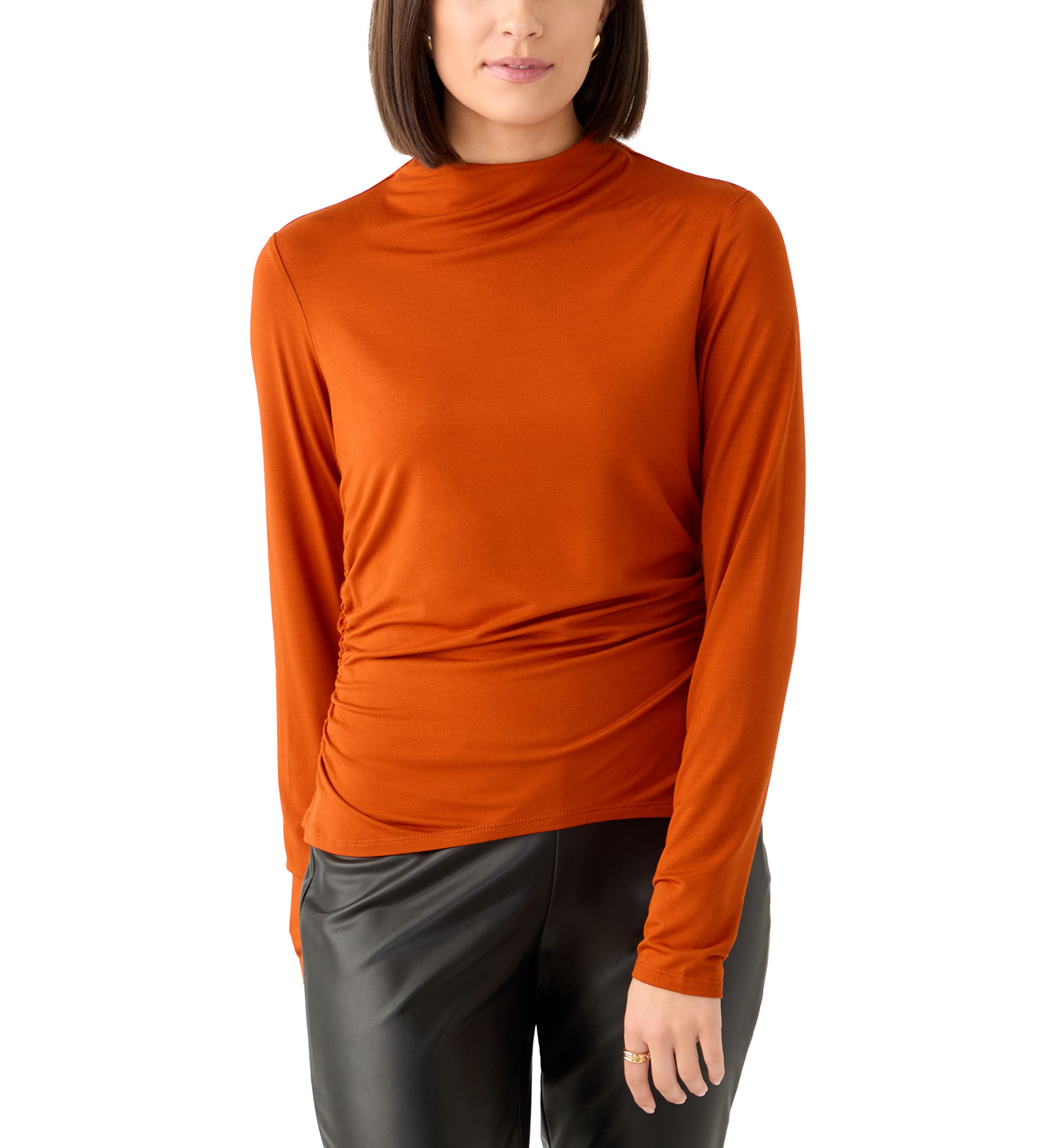 Womens Long Sleeve Mock Neck Ruched Top