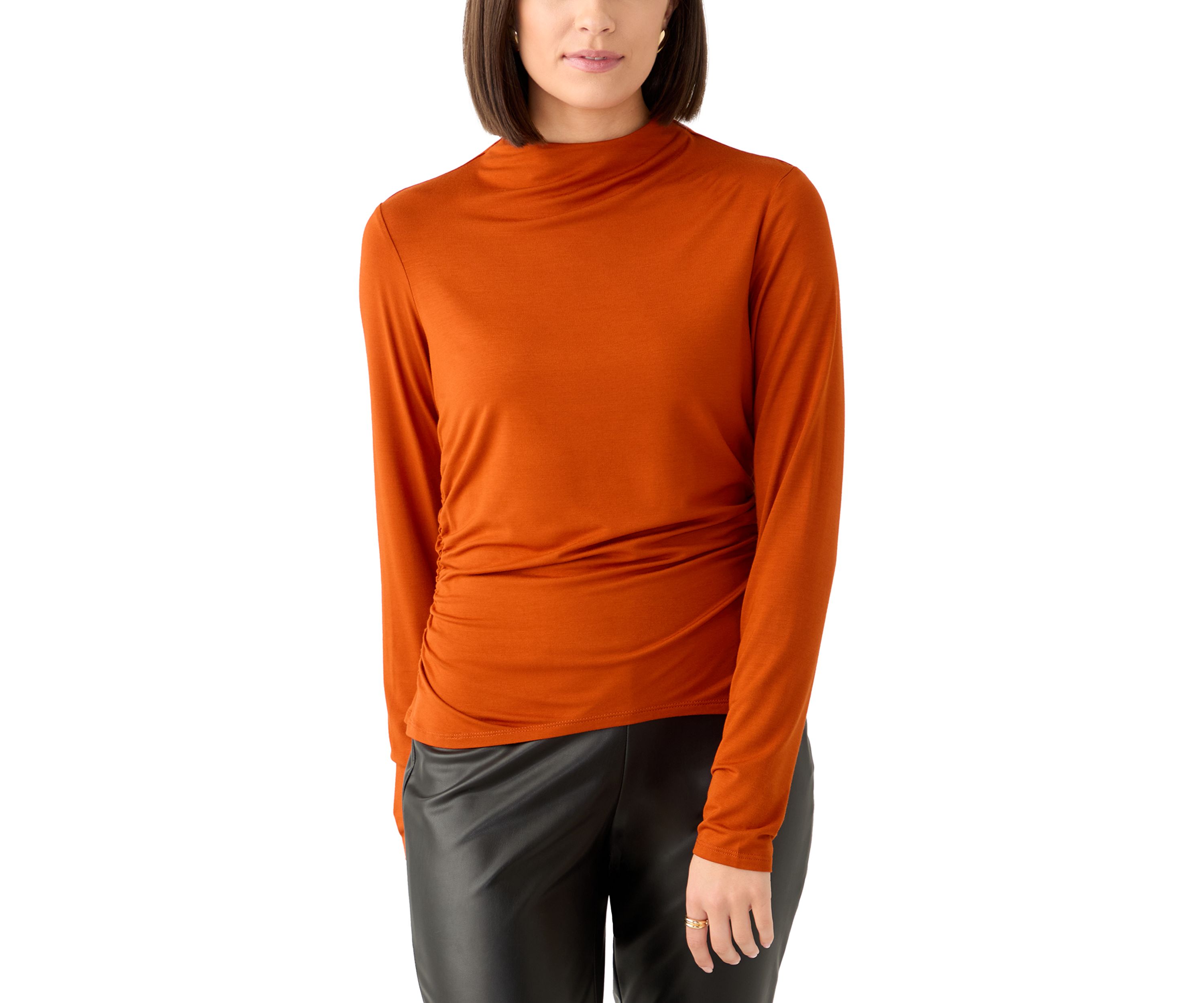 Womens Long Sleeve Mock Neck Ruched Top