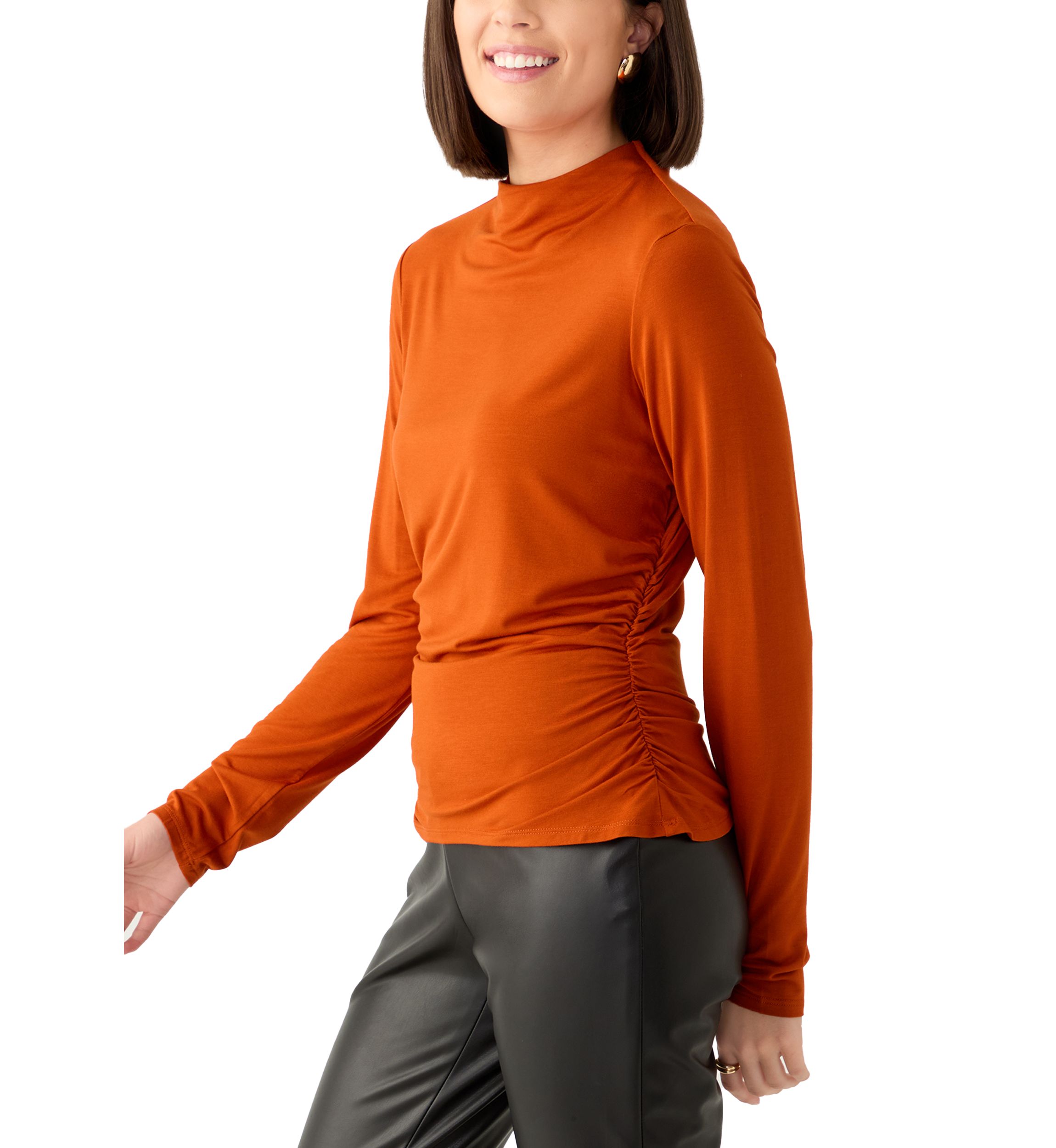 Womens Long Sleeve Mock Neck Ruched Top
