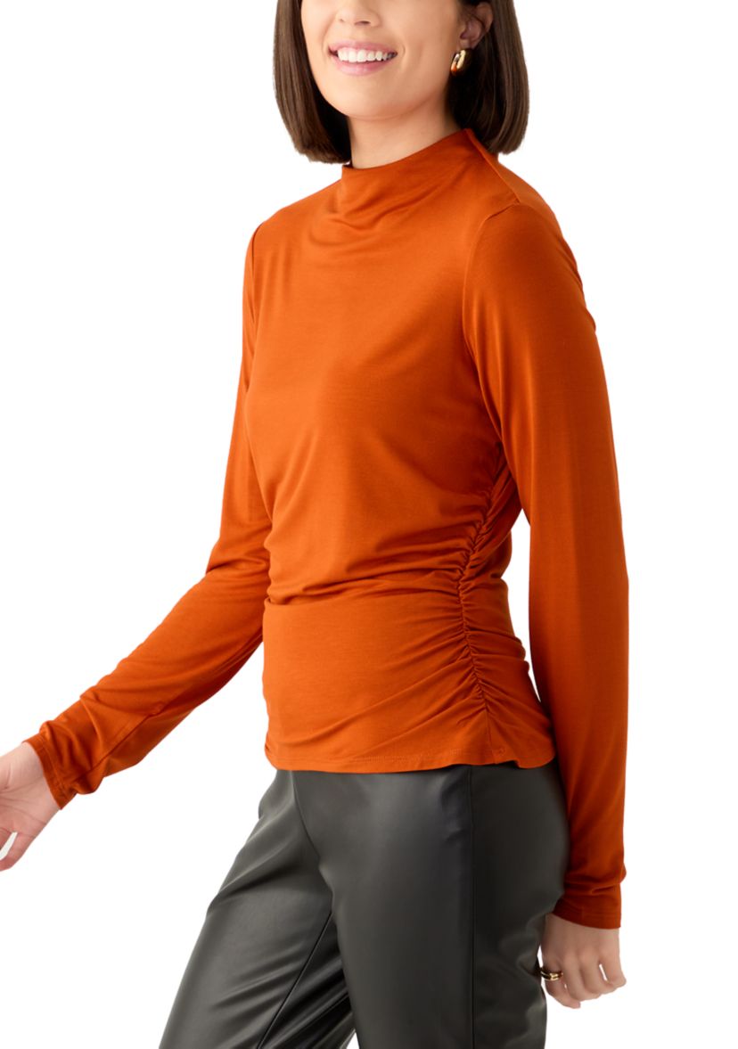 Womens Long Sleeve Mock Neck Ruched Top