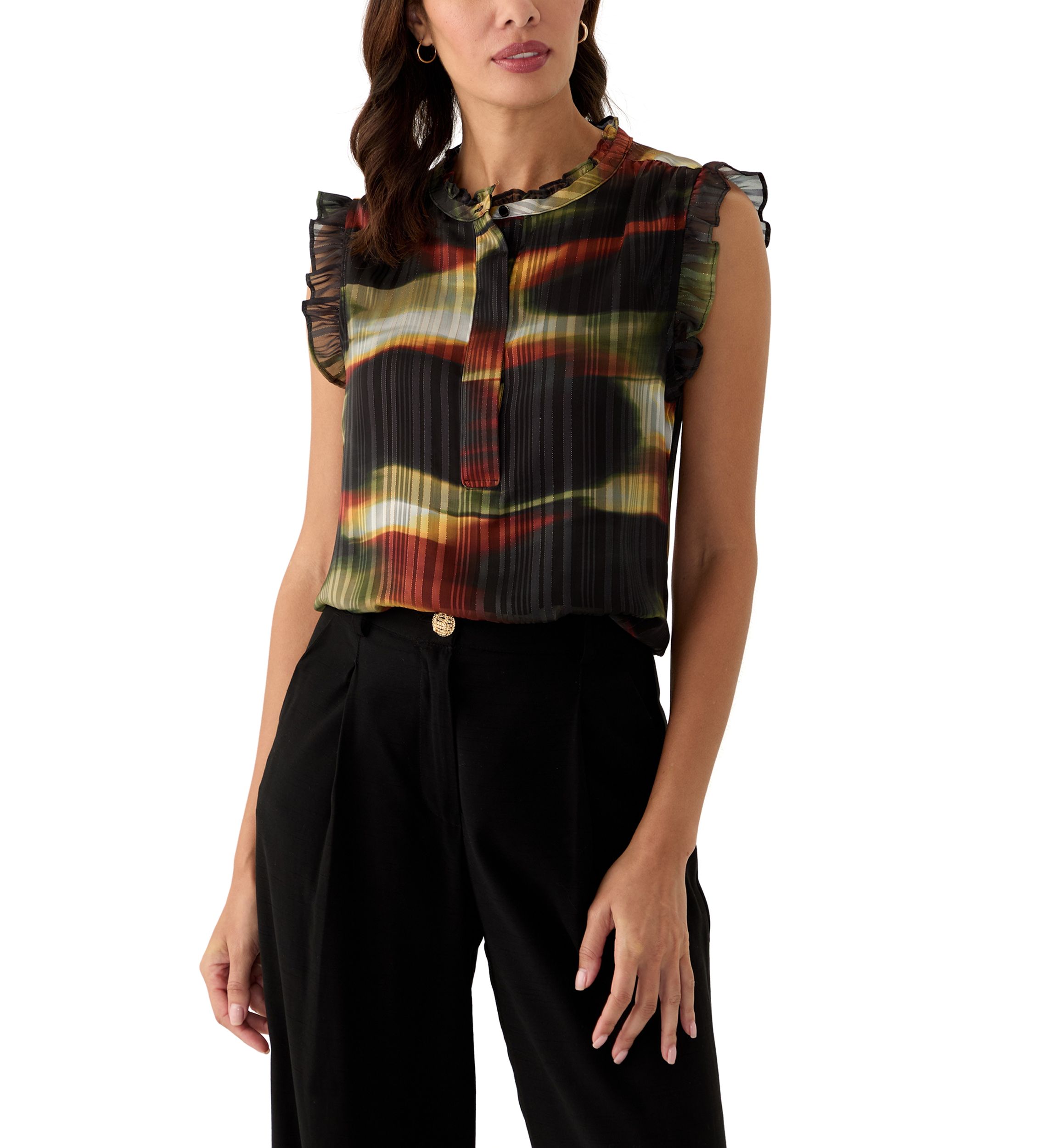 Womens 1/2 Placket Ruffle Trim Top