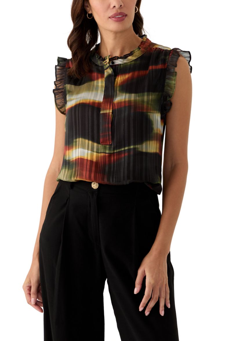 Womens 1/2 Placket Ruffle Trim Top