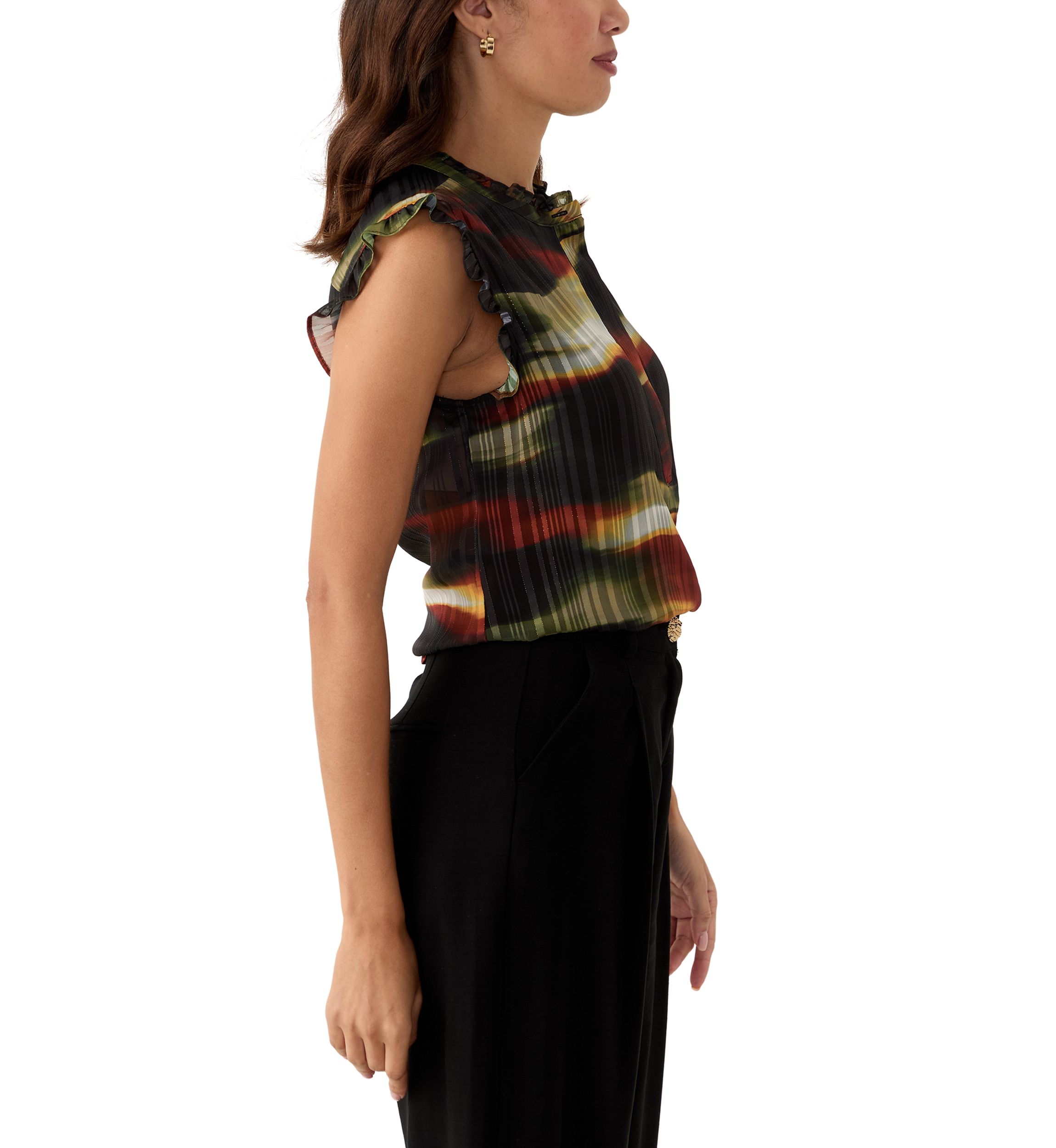 Womens 1/2 Placket Ruffle Trim Top
