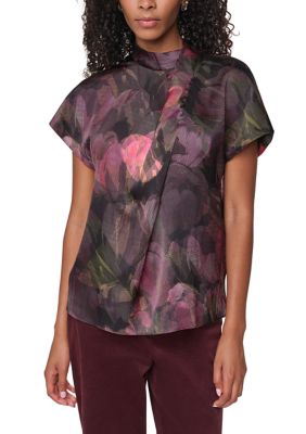 DKNY Women's Short Sleeve Floral Pleated Blouse