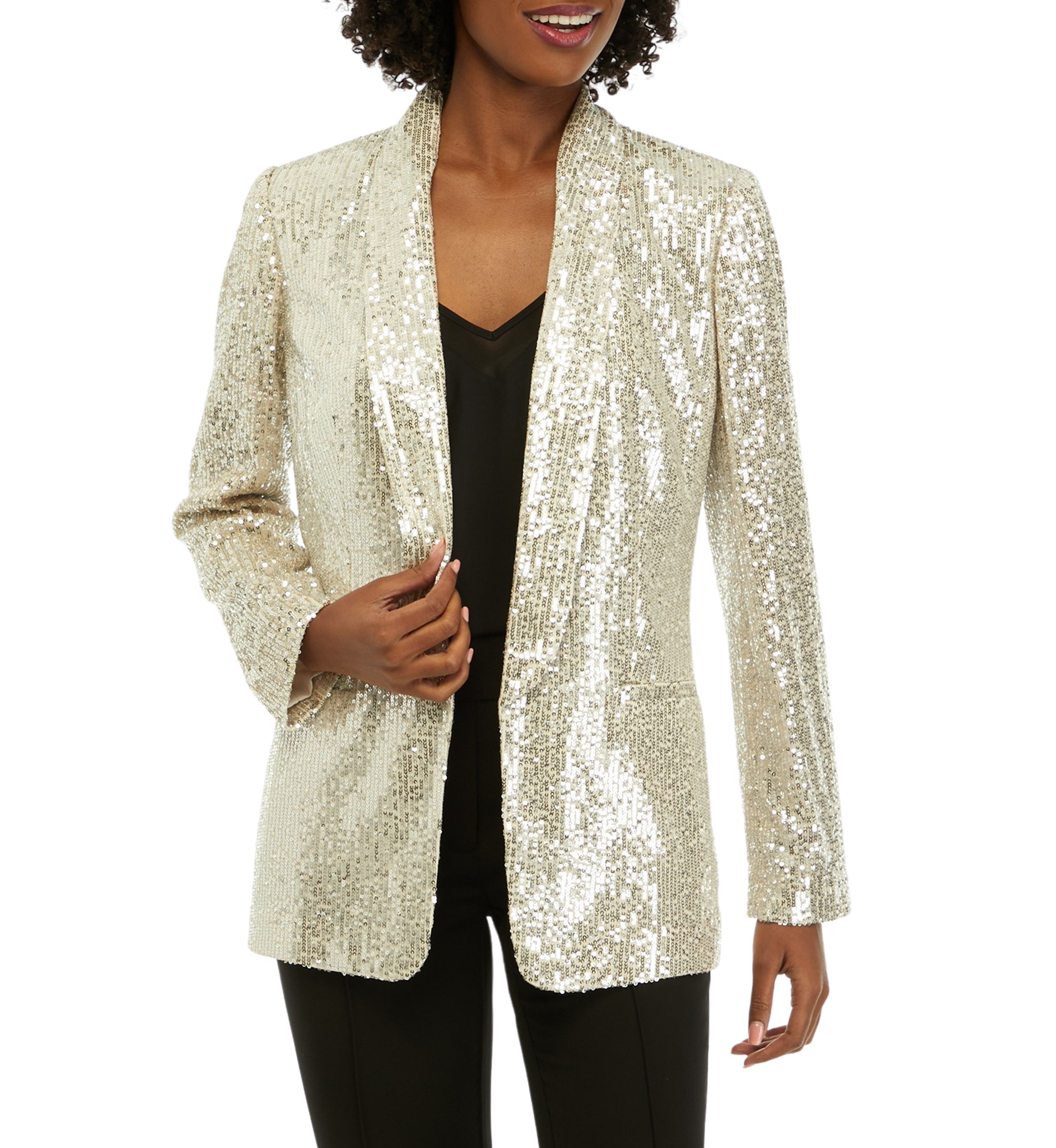 Womens Long Sleeve Shawl Collar Sequin Jacket