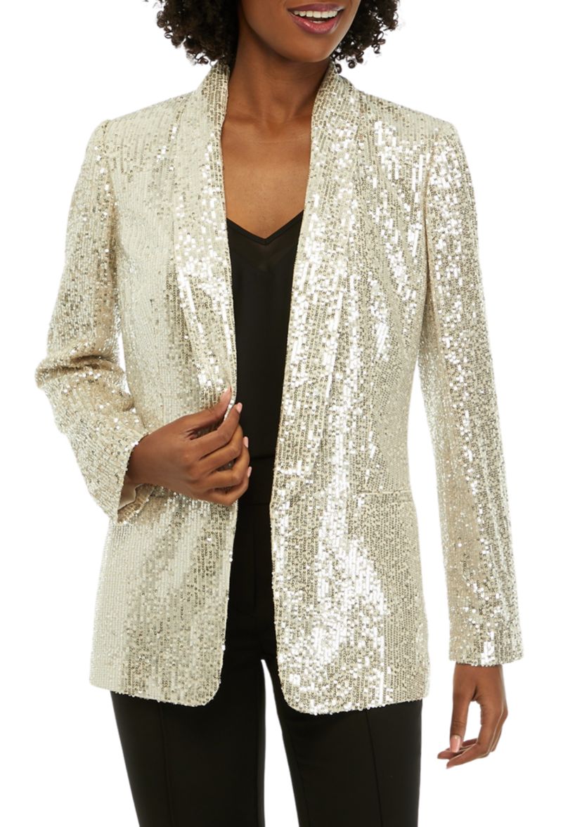 Womens Long Sleeve Shawl Collar Sequin Jacket