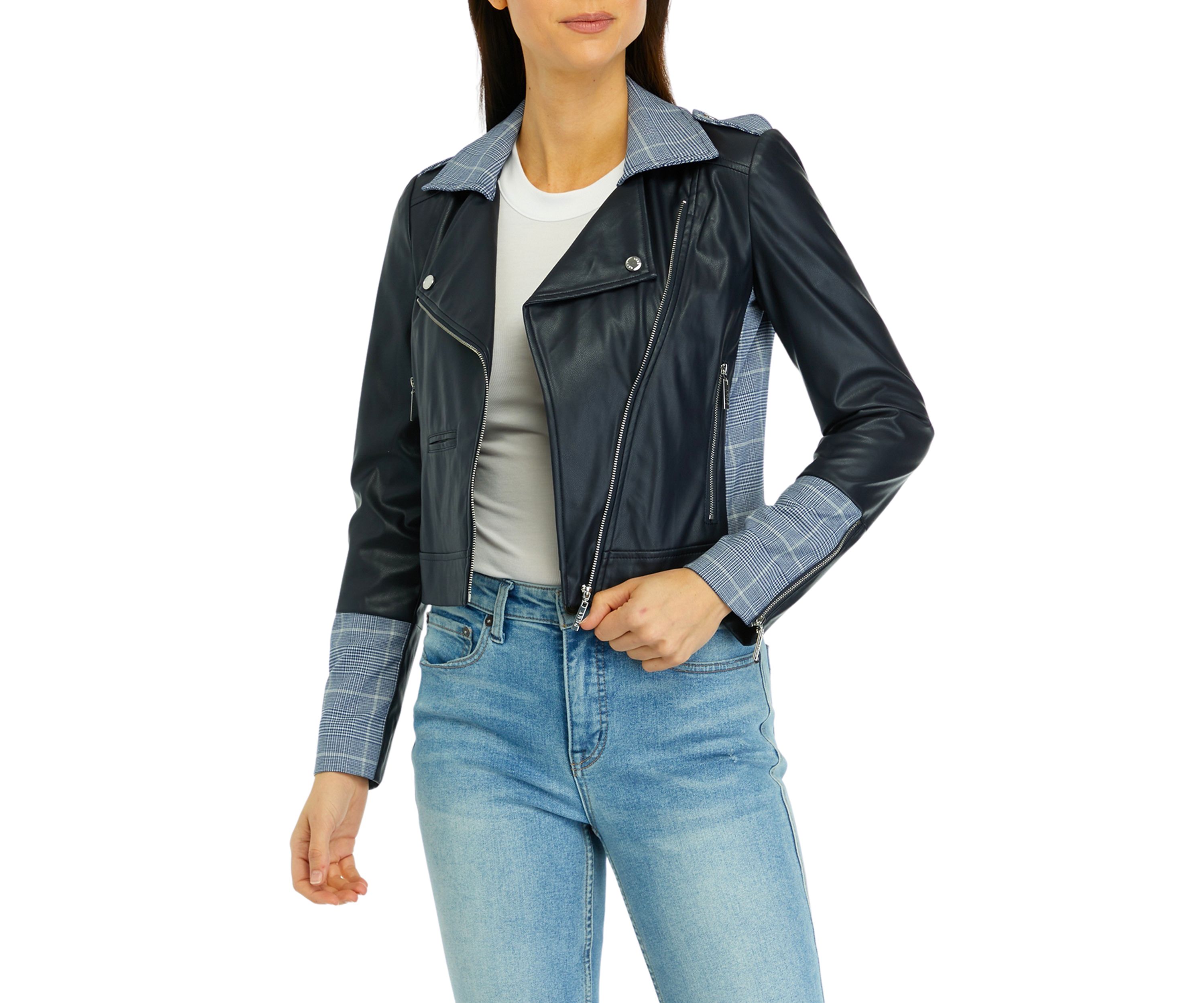 Womens Long Sleeve Mixed Media Moto Jacket
