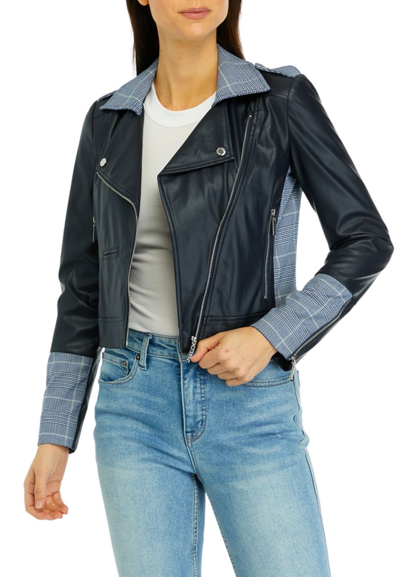 Womens Long Sleeve Mixed Media Moto Jacket
