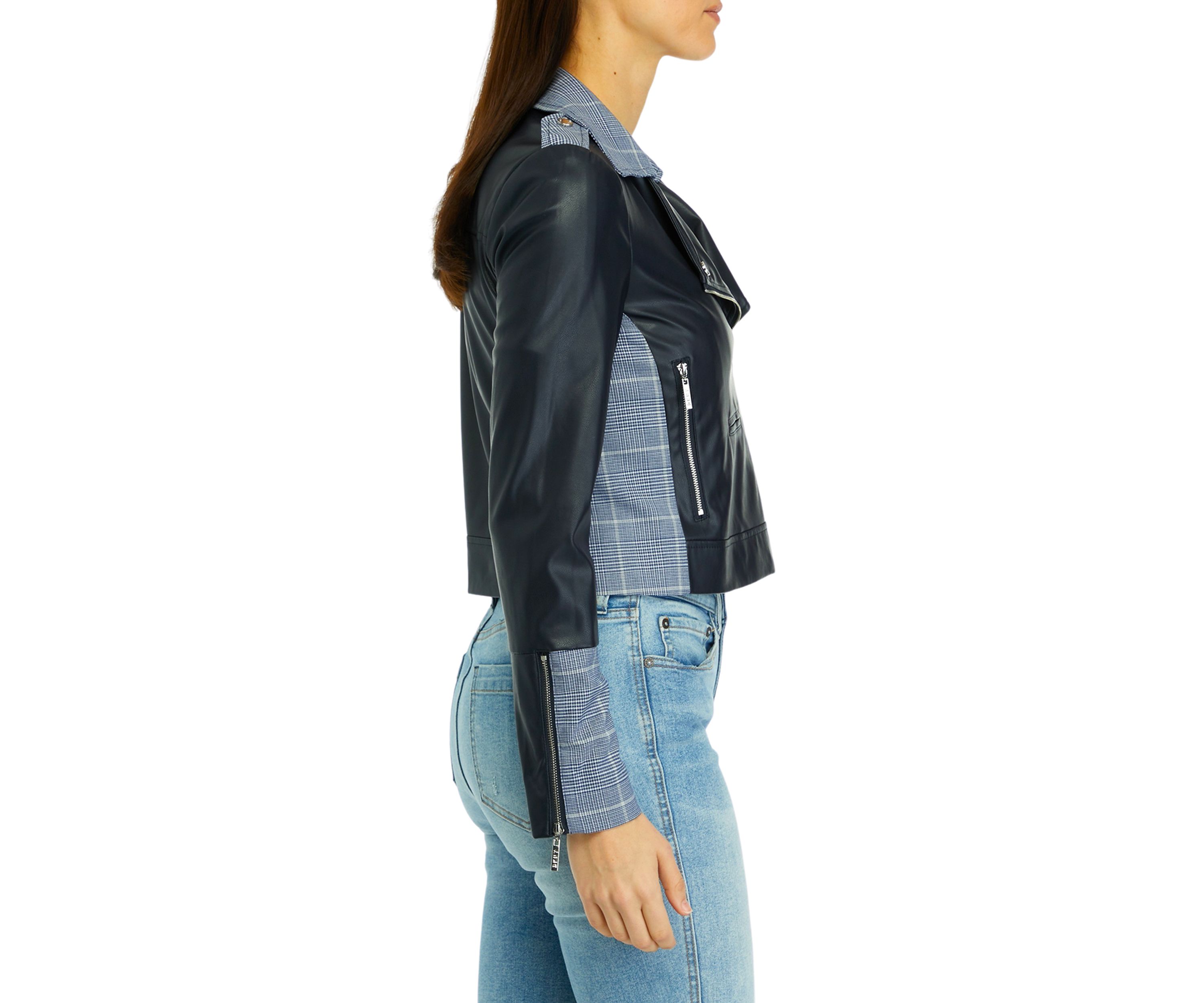 Womens Long Sleeve Mixed Media Moto Jacket