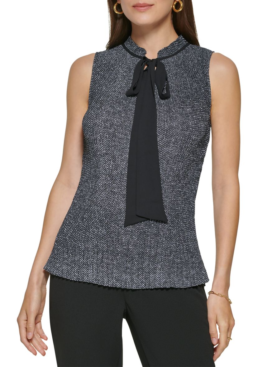Womens Sleeveless Tie Neck Pleated Ditsy Print Blouse