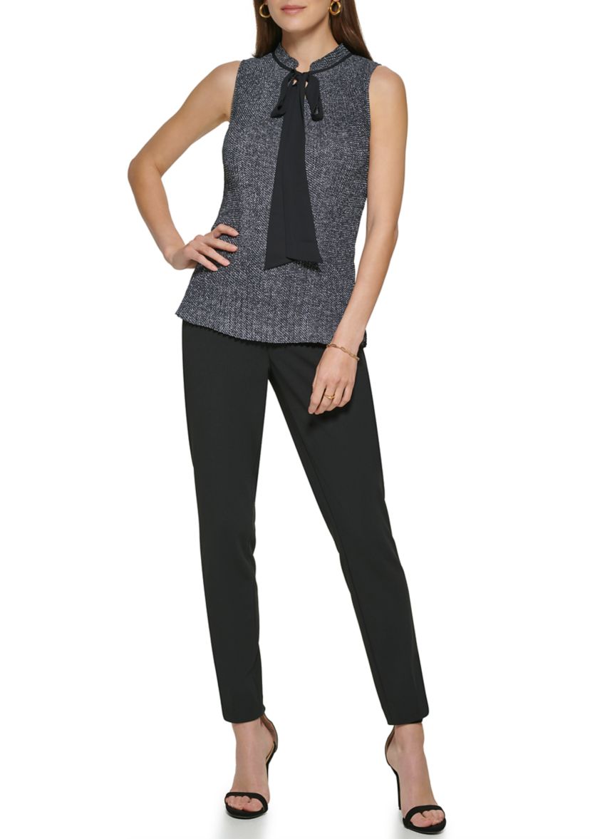 Womens Sleeveless Tie Neck Pleated Ditsy Print Blouse