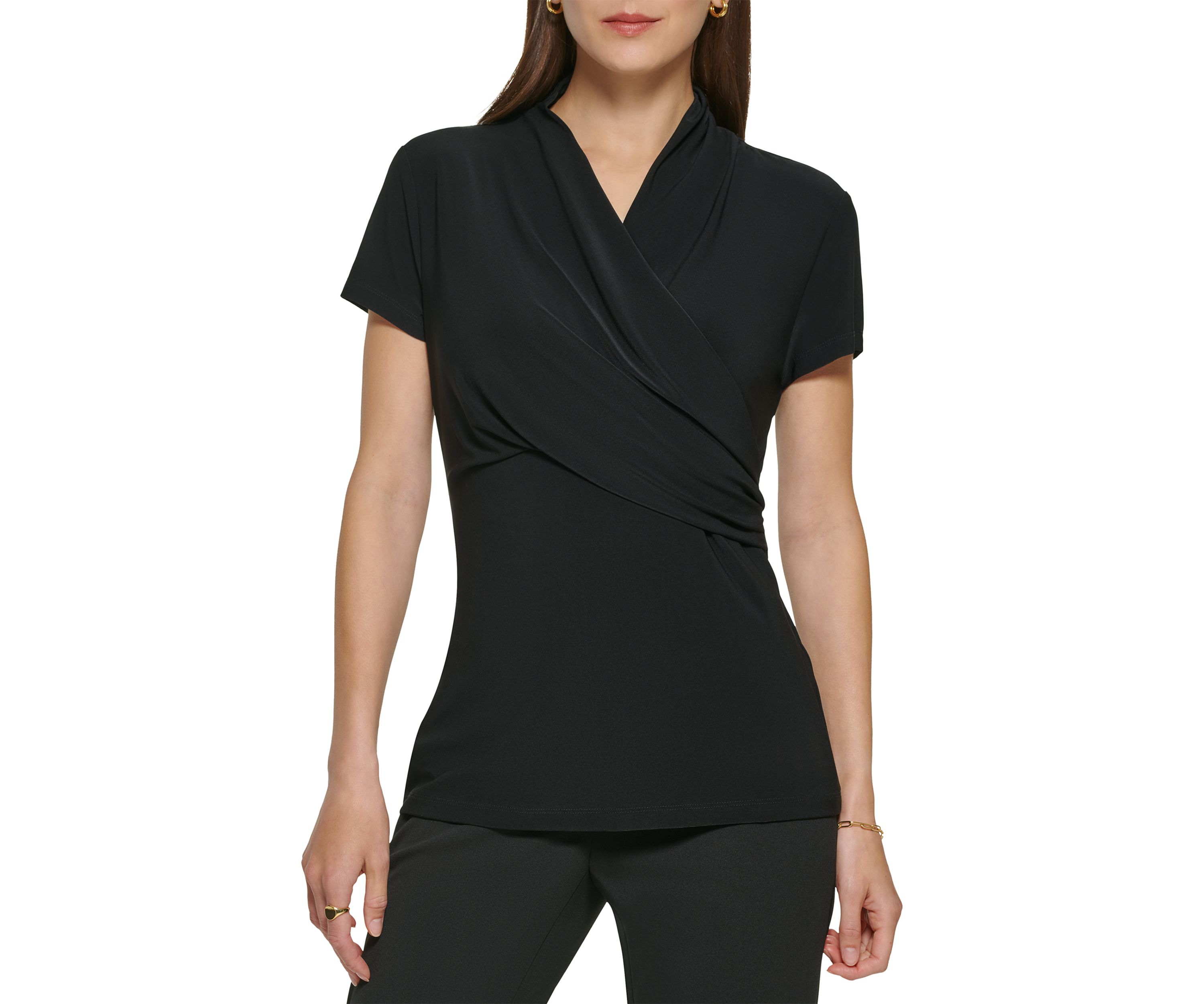 Womens Short Sleeve Side Ruche V-Neck Top 