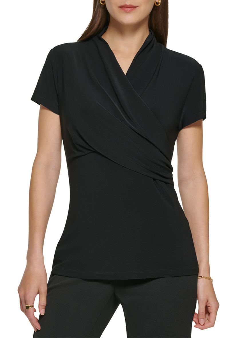 Womens Short Sleeve Side Ruche V-Neck Top 
