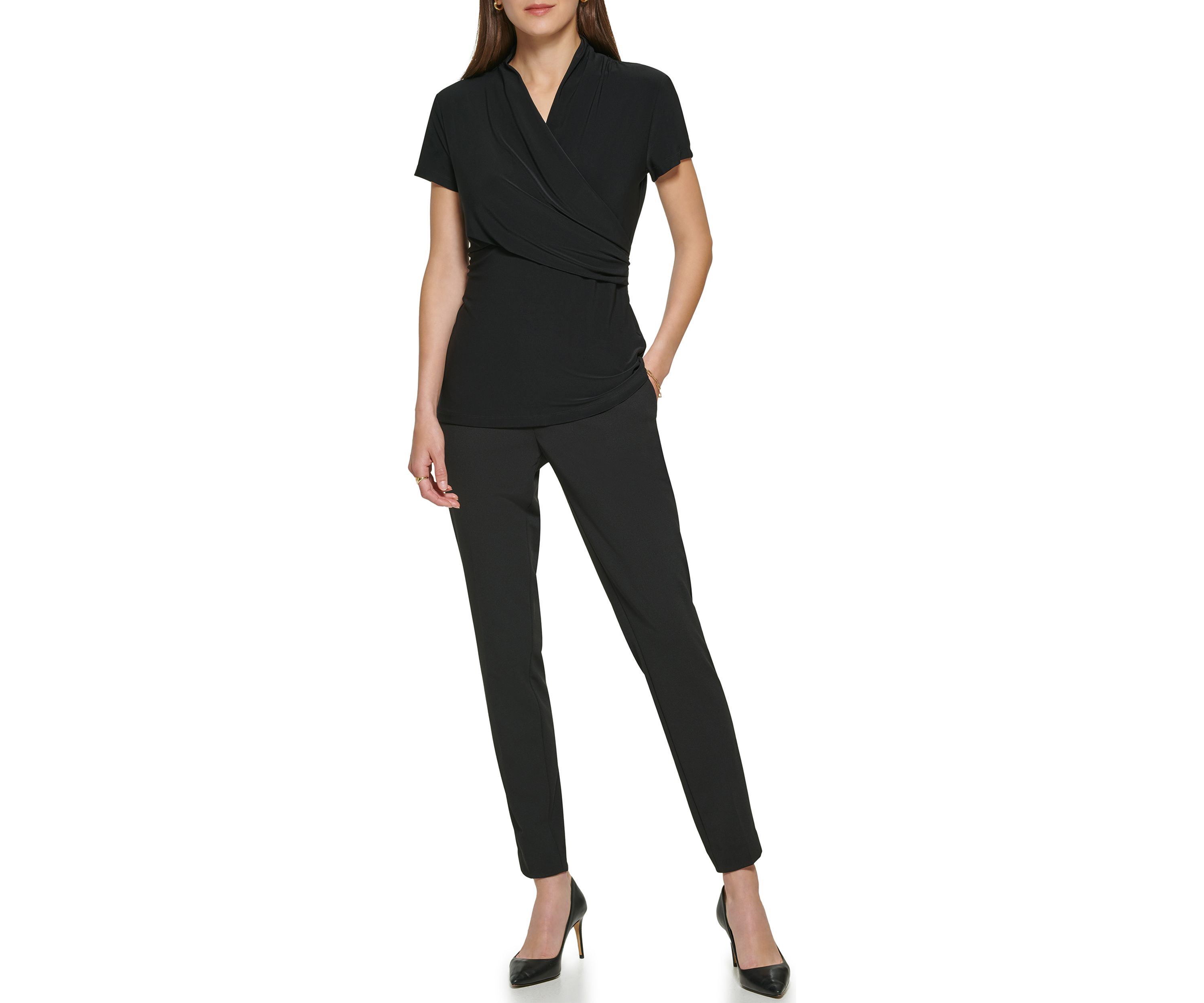 Womens Short Sleeve Side Ruche V-Neck Top 