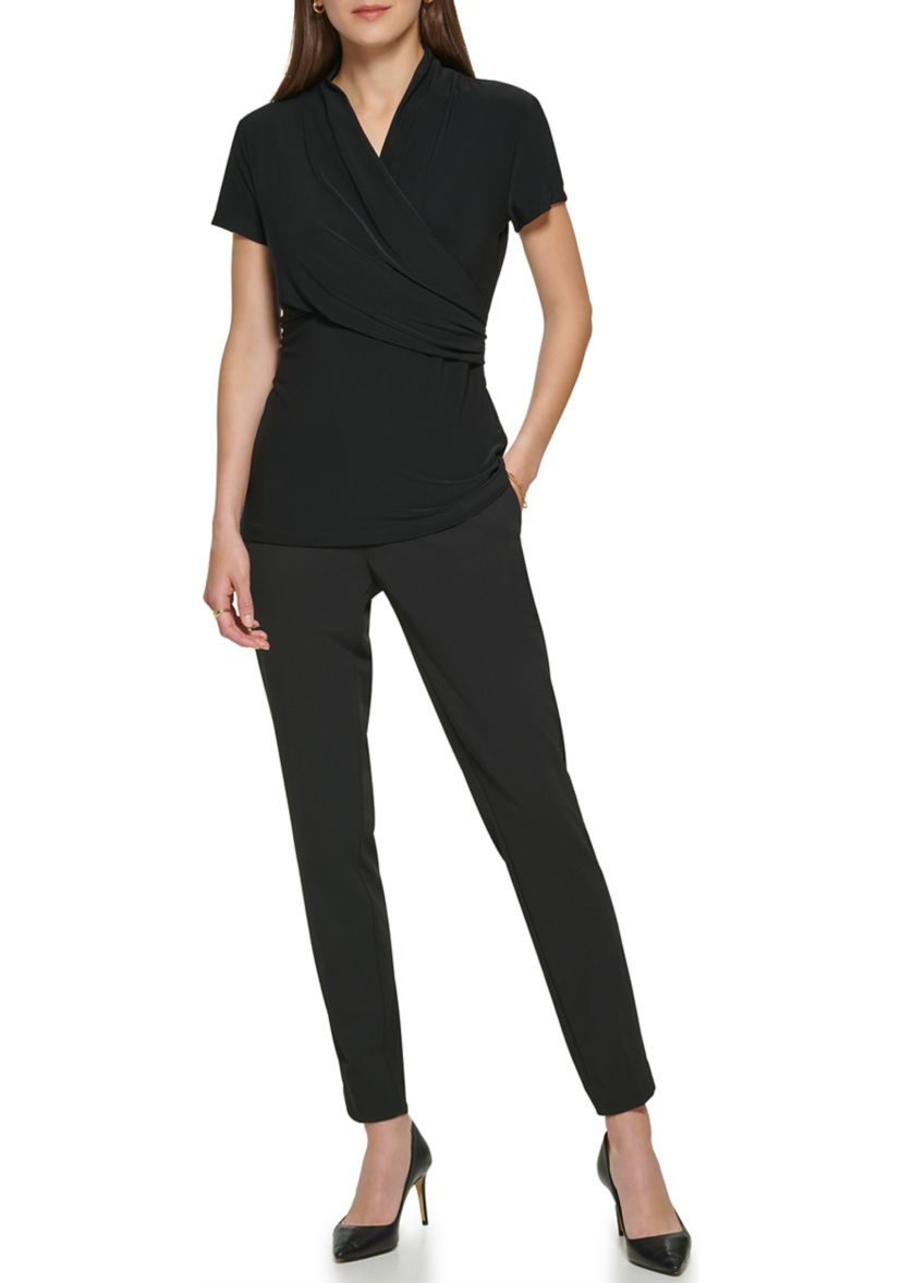 Womens Short Sleeve Side Ruche V-Neck Top 