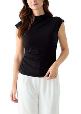 DKNY Women's Short Sleeve Mock Neck Top, Black, X-Large