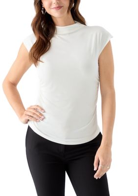 DKNY Women's Short Sleeve Mock Neck Top, Ivory, Large