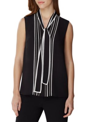 tahari asl cap sleeve contrast tie neck to