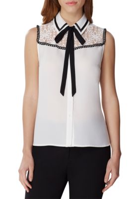 Tahari ASL Sleeveless Lace Yoke Blouse with Bow