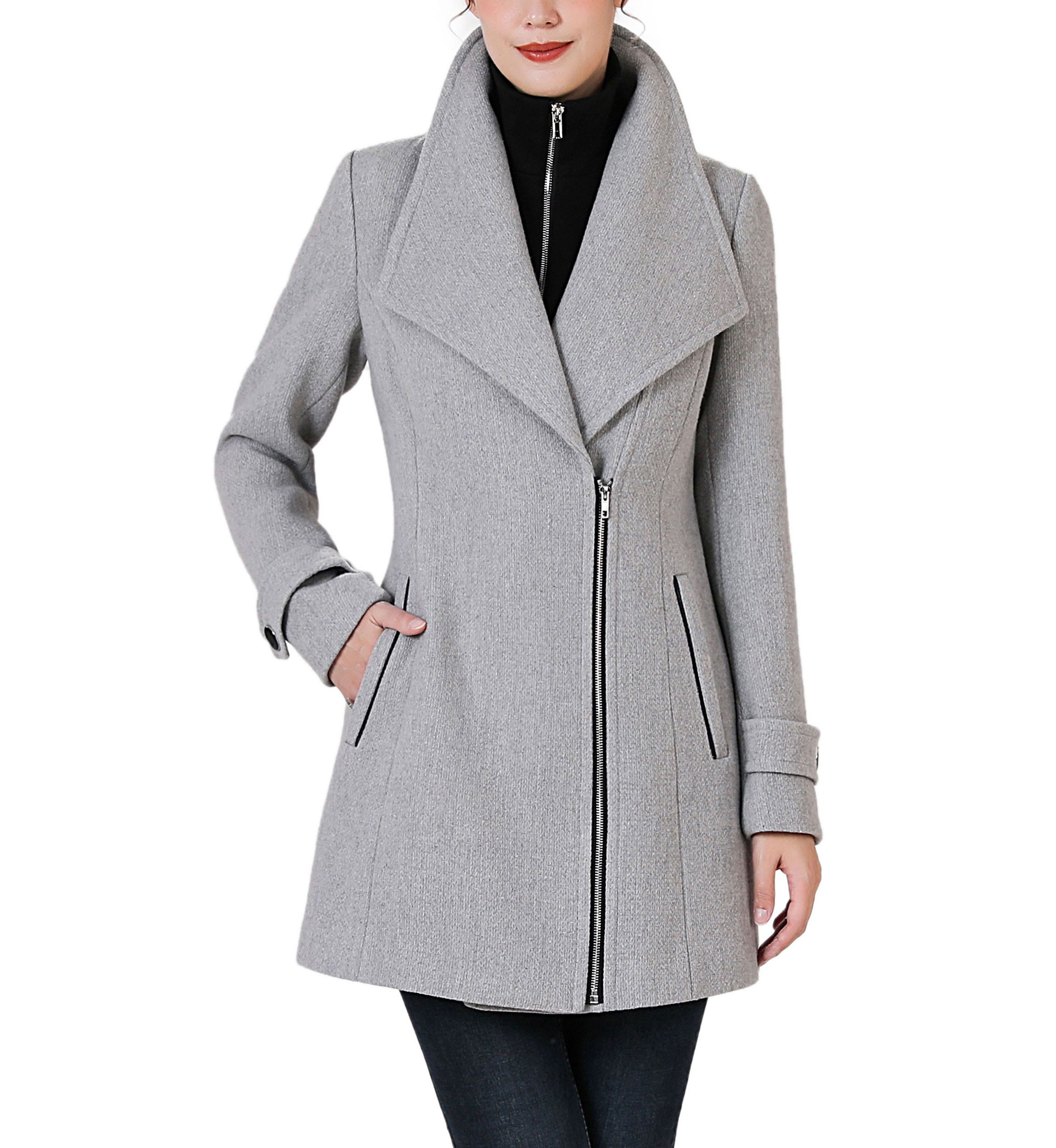 Jane Asymmetric Zipper Boucle Wool Coat with Removable Bib
