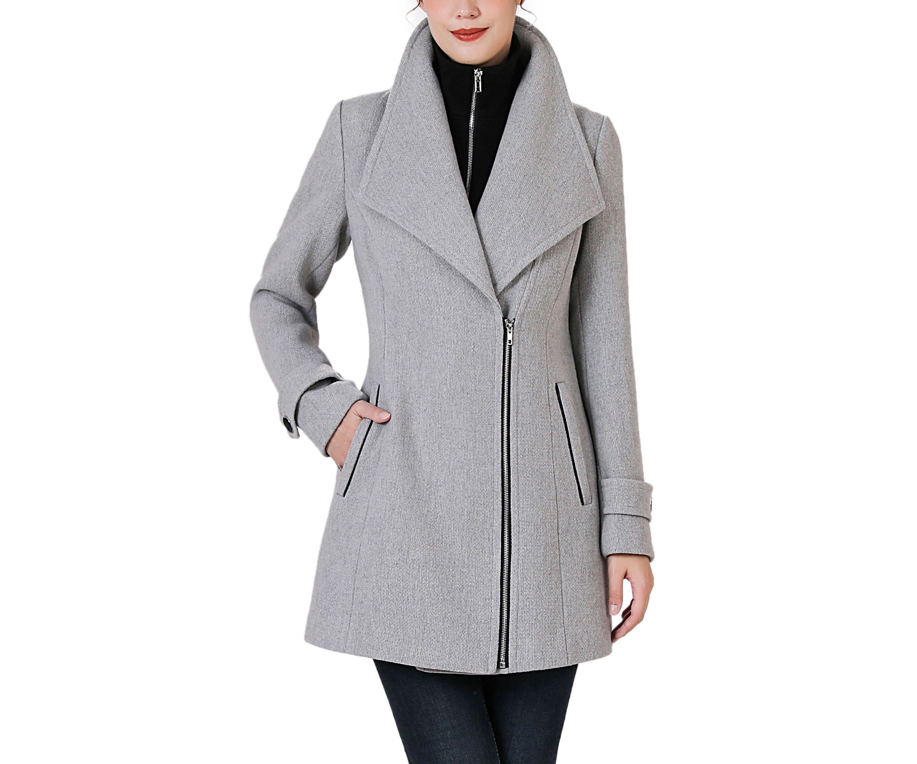 Jane Asymmetric Zipper Boucle Wool Coat with Removable Bib