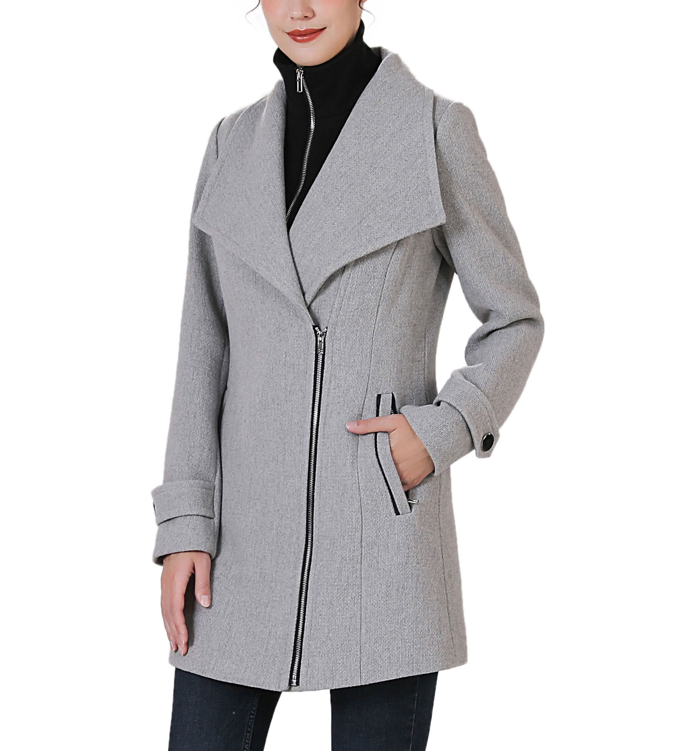 Jane Asymmetric Zipper Boucle Wool Coat with Removable Bib