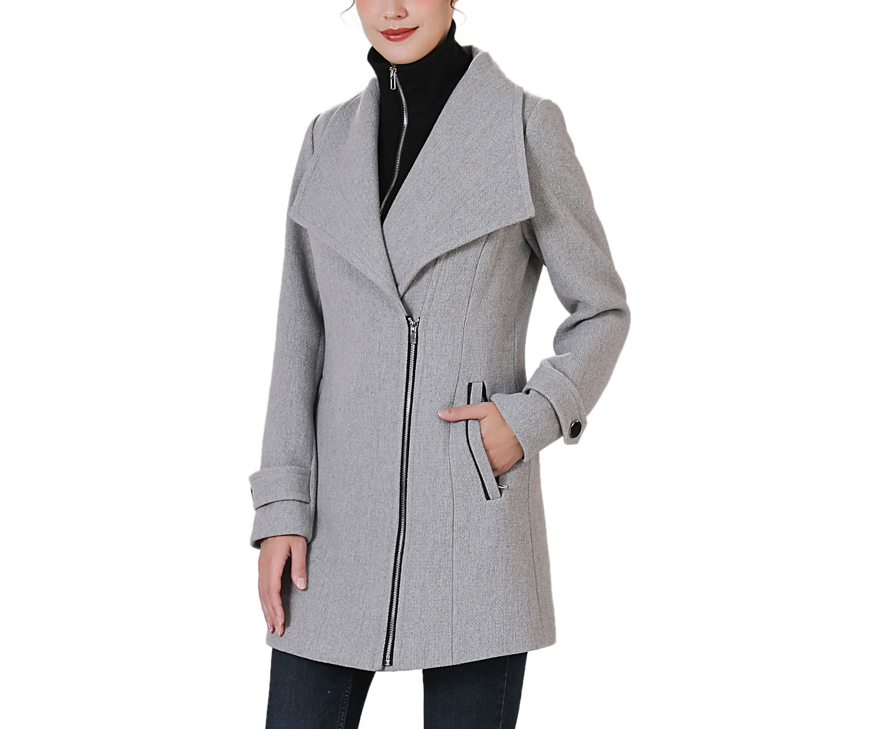 Jane Asymmetric Zipper Boucle Wool Coat with Removable Bib