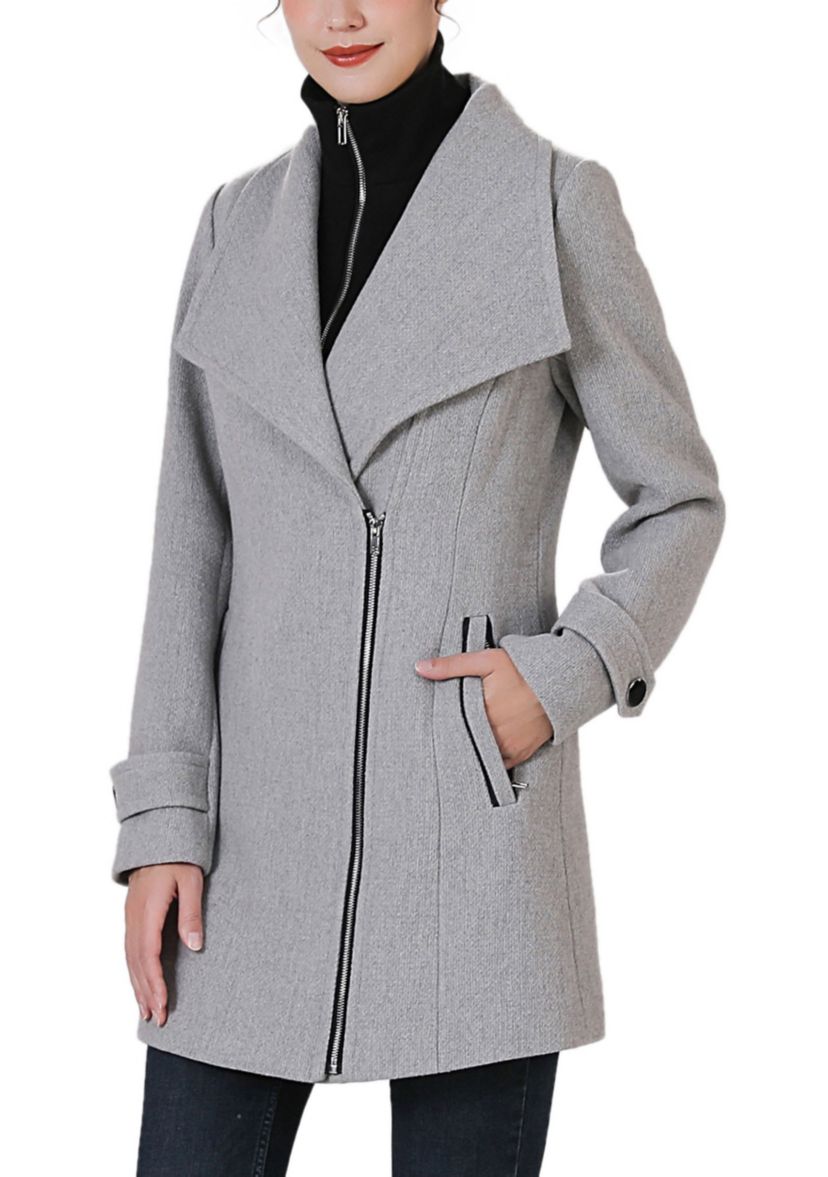 Jane Asymmetric Zipper Boucle Wool Coat with Removable Bib
