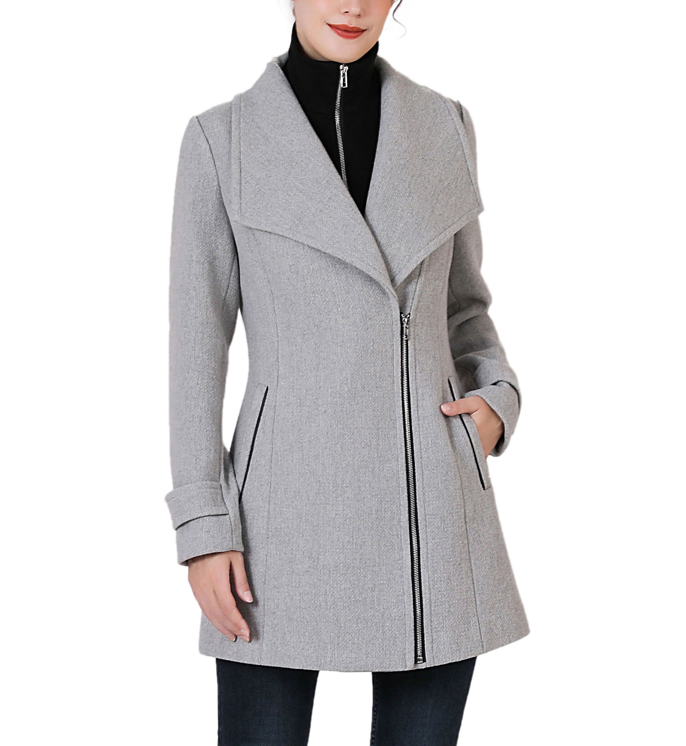 Jane Asymmetric Zipper Boucle Wool Coat with Removable Bib