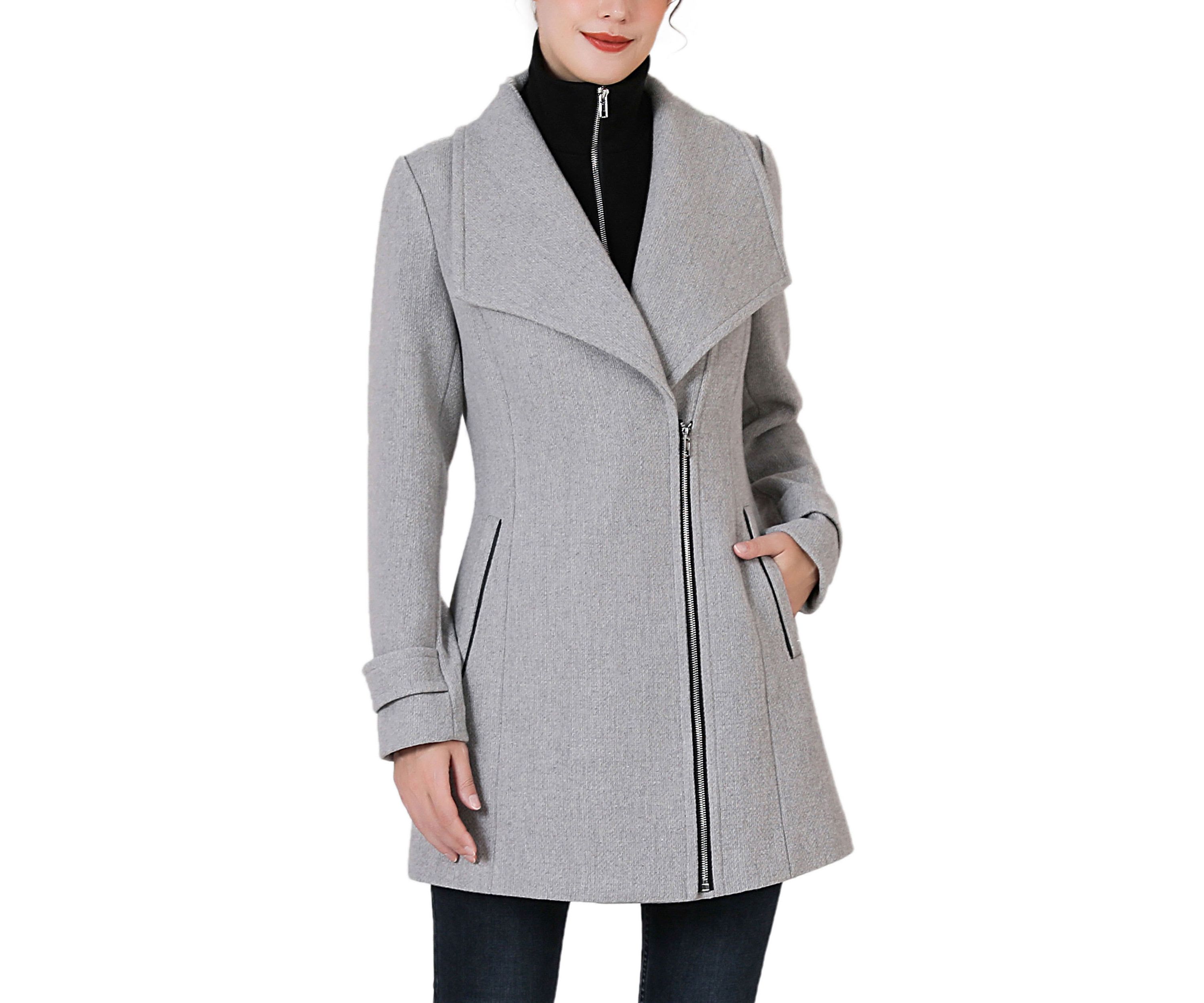 Jane Asymmetric Zipper Boucle Wool Coat with Removable Bib