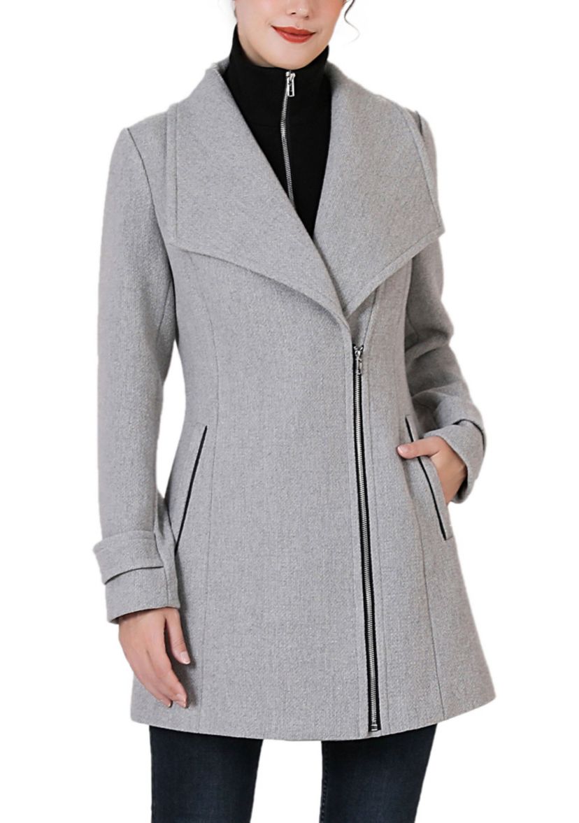 Jane Asymmetric Zipper Boucle Wool Coat with Removable Bib