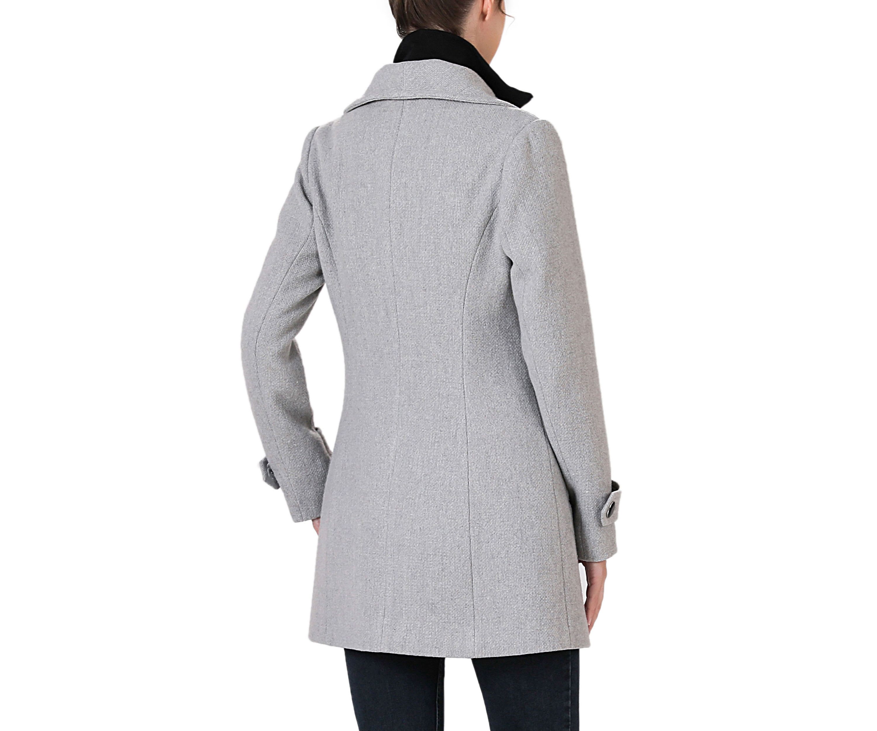 Jane Asymmetric Zipper Boucle Wool Coat with Removable Bib