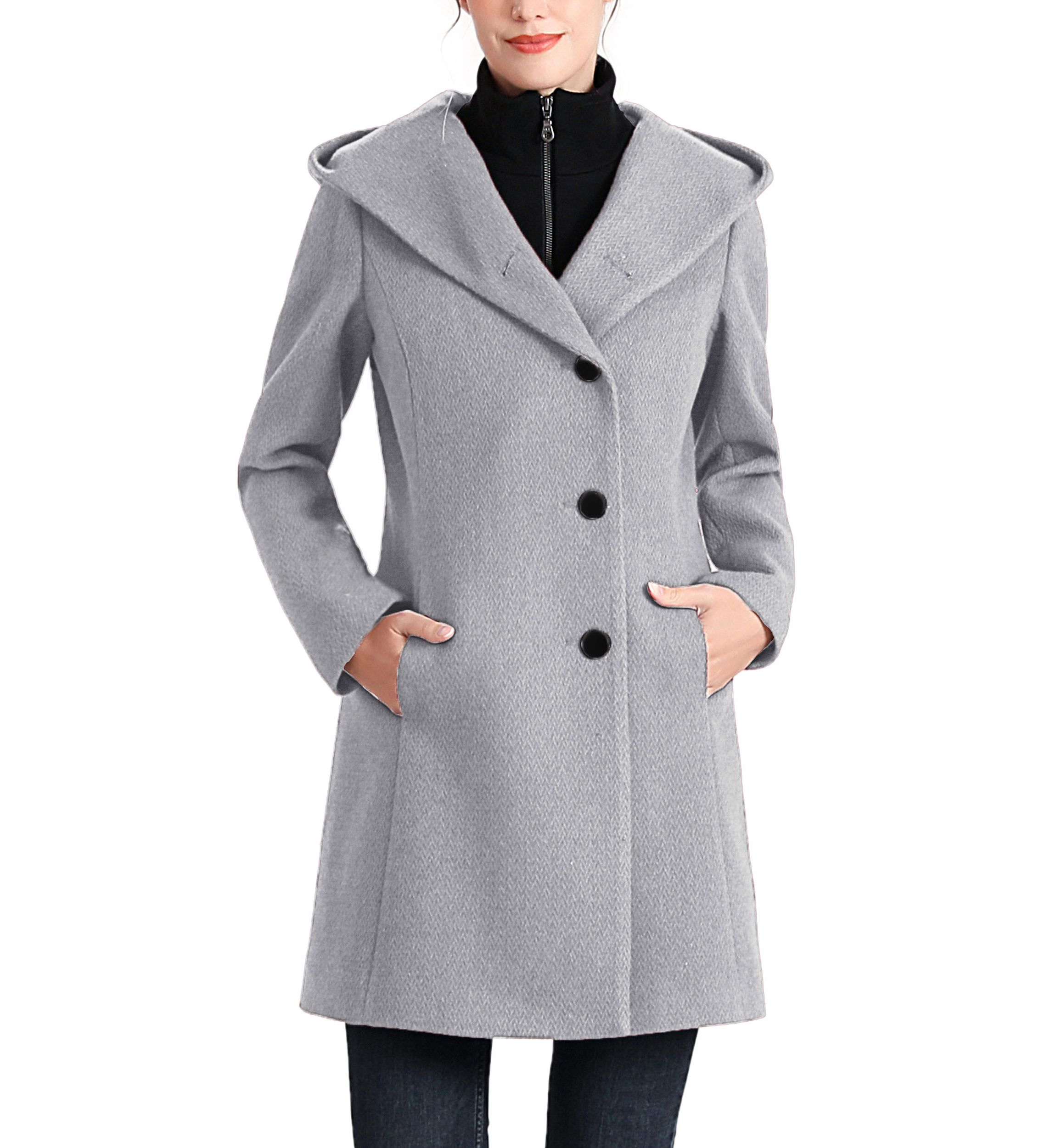 Ella Aymmetrical Hooded Boucle Wool Coat with Removable Bib