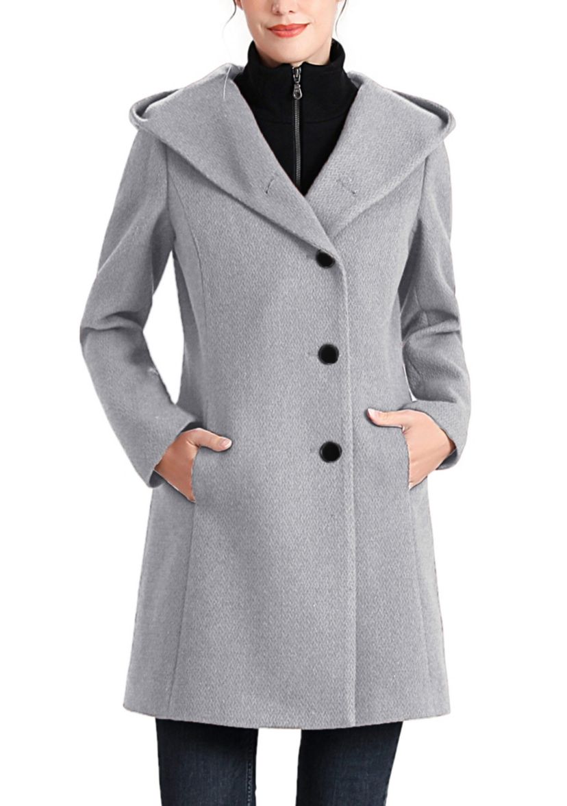 Ella Aymmetrical Hooded Boucle Wool Coat with Removable Bib