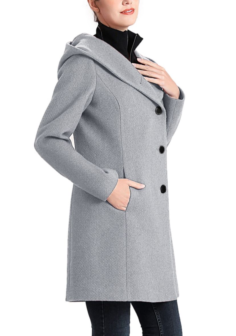 Ella Aymmetrical Hooded Boucle Wool Coat with Removable Bib