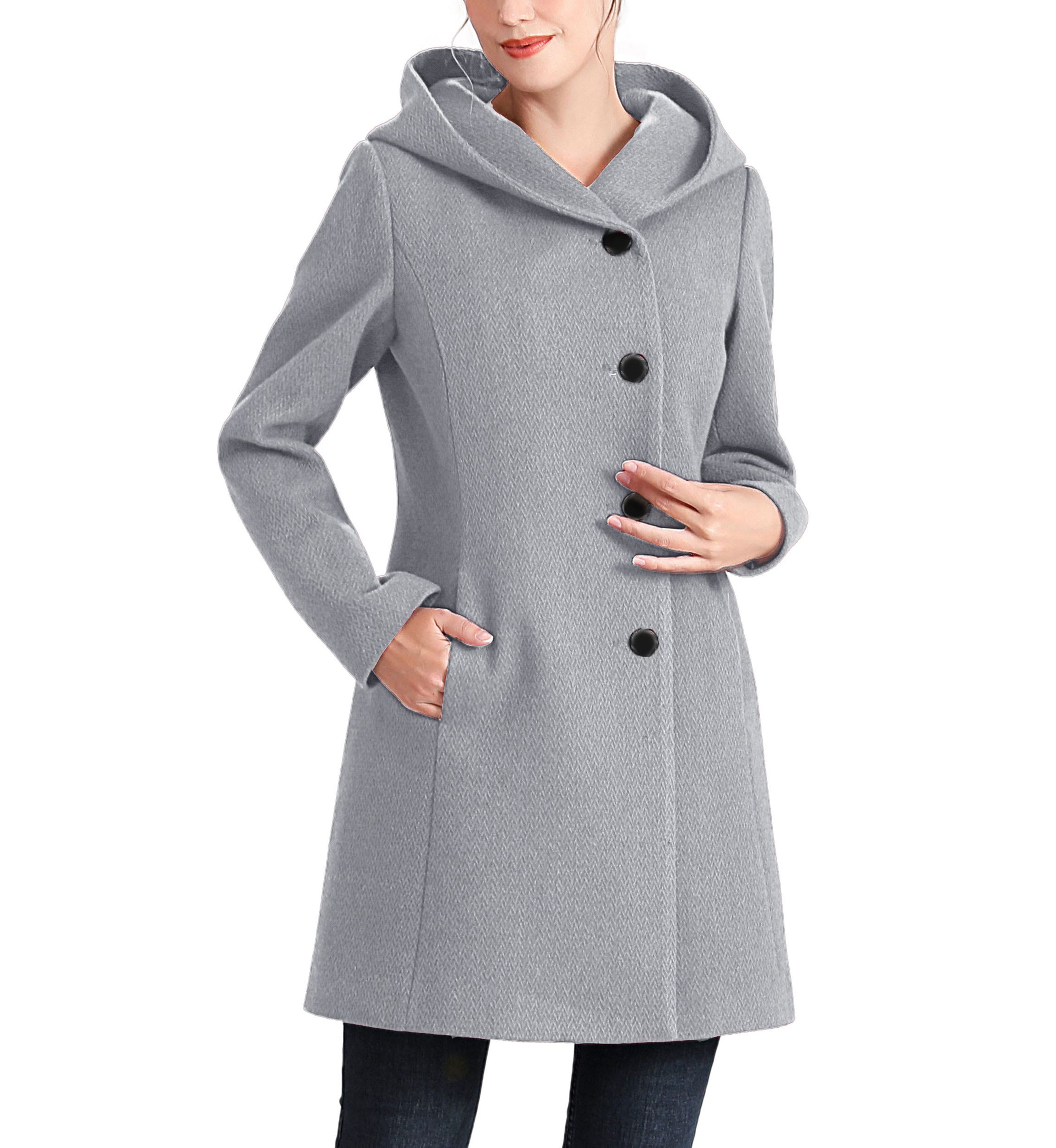 Ella Aymmetrical Hooded Boucle Wool Coat with Removable Bib