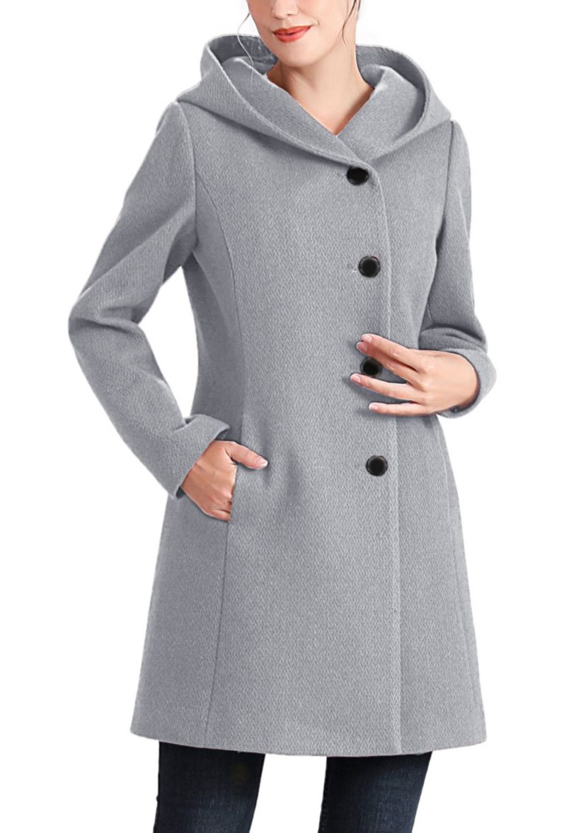 Ella Aymmetrical Hooded Boucle Wool Coat with Removable Bib