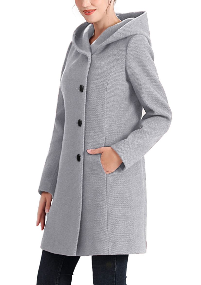 Ella Aymmetrical Hooded Boucle Wool Coat with Removable Bib