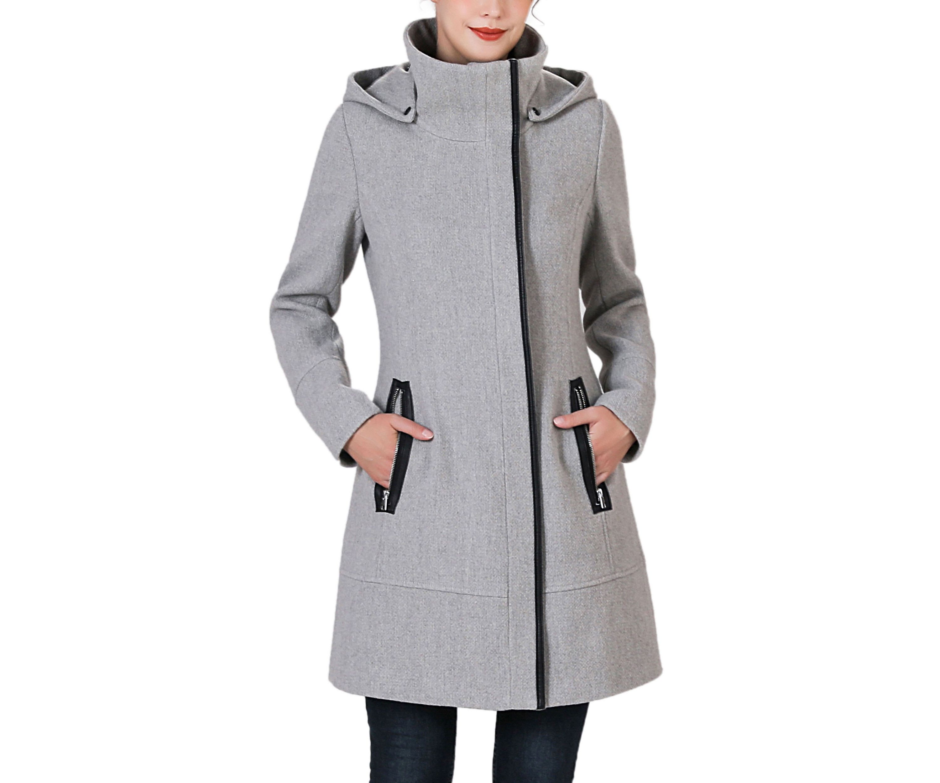 Leah Aymmetrical Hooded Zipper Boucle Wool Coat